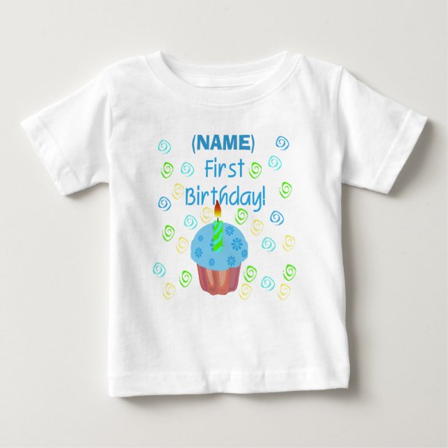 Blue Cupcake First Birthday Customizable Baby T-Shirt (Front)