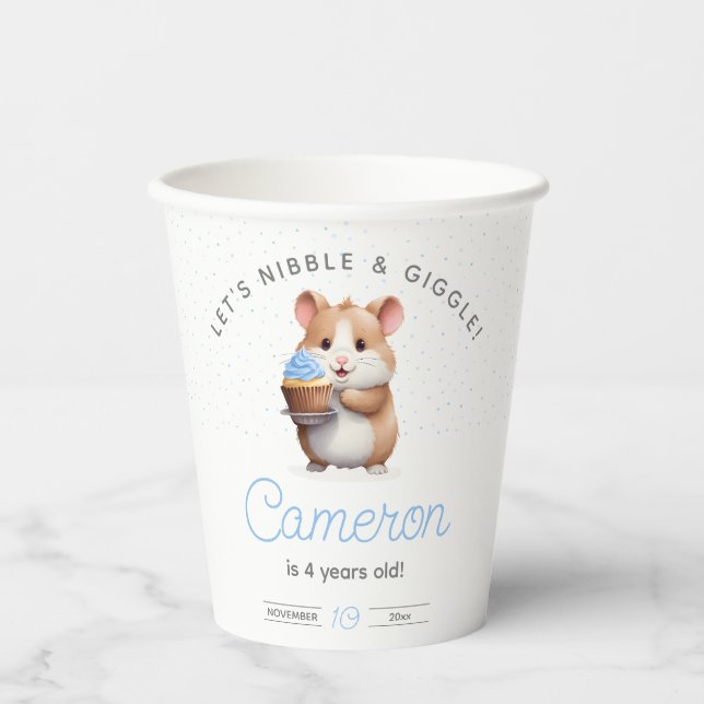 Blue cupcake hamster, nibble & giggle birthday paper cups (Front)