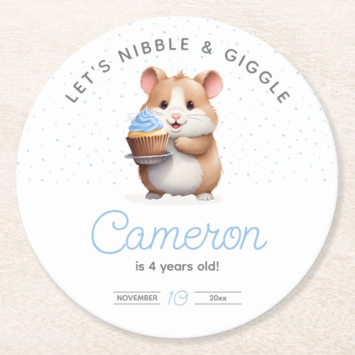 Blue cupcake hamster nibble  giggle birthday round paper coaster
