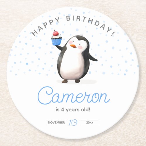 Blue cupcake penguin boys birthday round paper coaster