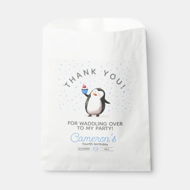 Blue cupcake penguin celebration boy's birthday favor bag (Front)