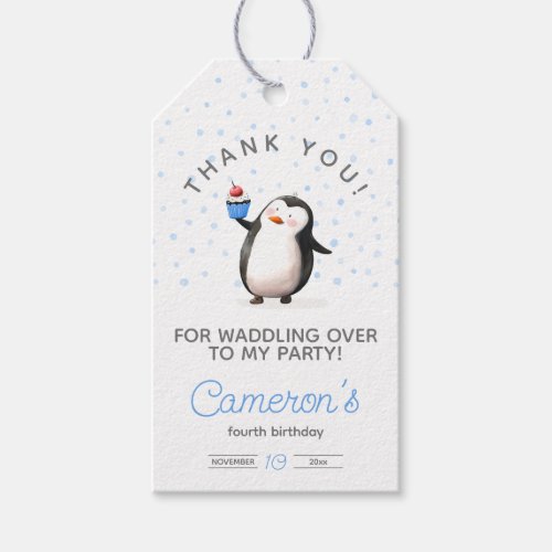 Blue cupcake penguin celebration boys birthday gift tags