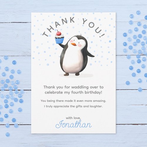 Blue cupcake penguin celebration boys birthday thank you card