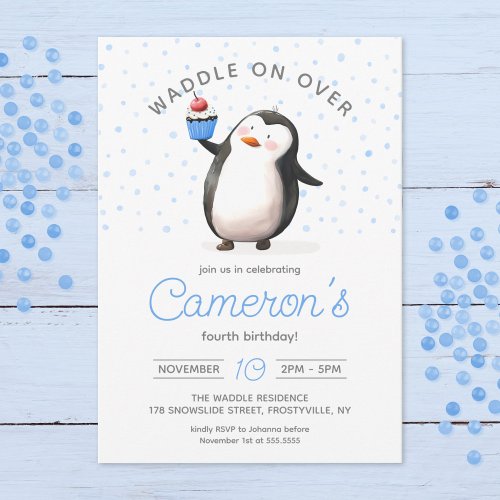 Blue Cupcake Penguin Celebration kids Birthday Invitation