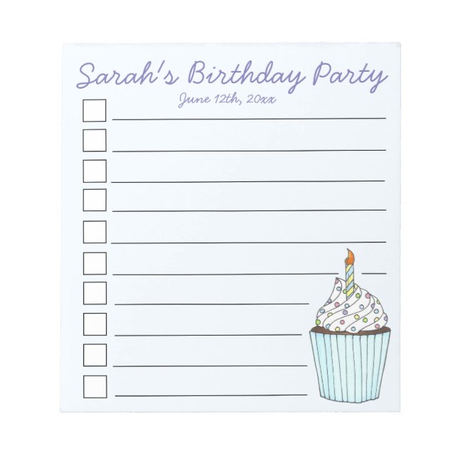 Blue Cupcake Personalized Birthday Party Favor Notepad (Front)
