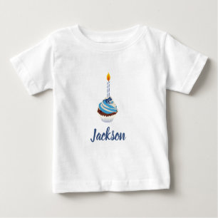 Blue Cupcake with Birthday Candle and Name Baby T-Shirt