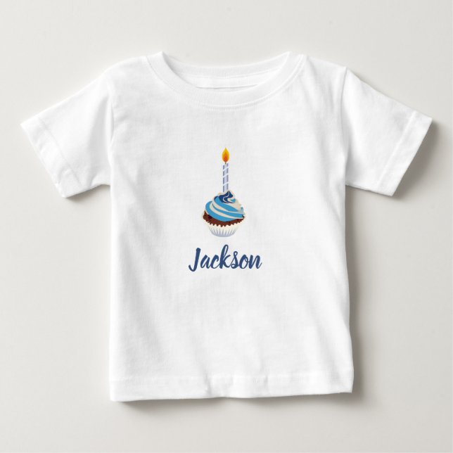 Blue Cupcake with Birthday Candle and Name Baby T-Shirt (Front)