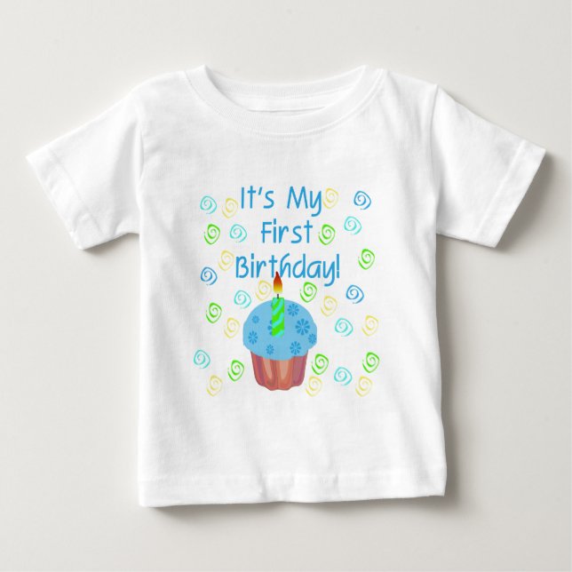 Blue Cupcake with Candle First Birthday Baby T-Shirt (Front)
