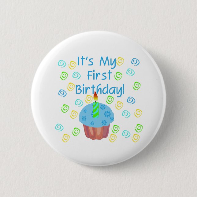 Blue Cupcake with Candle First Birthday Button (Front)