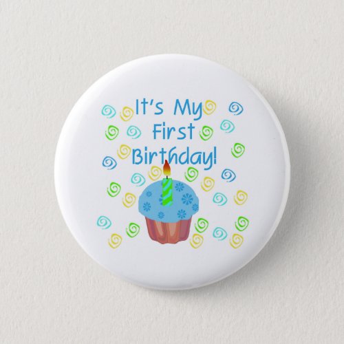Blue Cupcake with Candle First Birthday Button