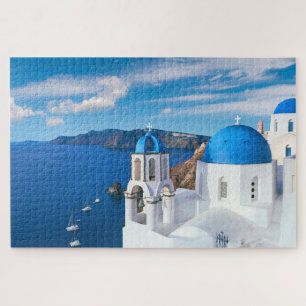 Blue Cupola Church Ocean View Oia Santorini Greece Jigsaw Puzzle