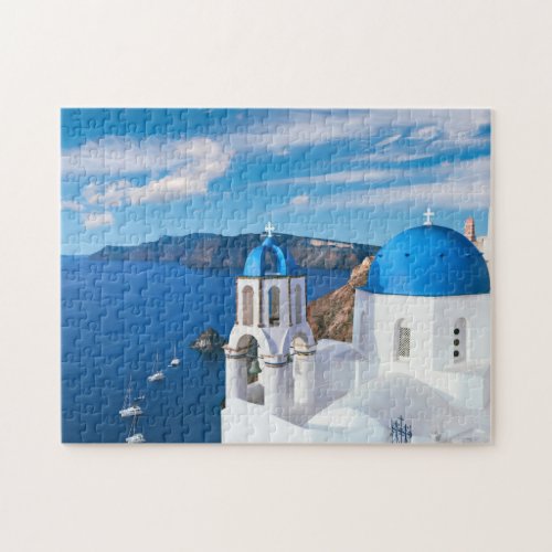Blue Cupola Church Ocean View Oia Santorini Greece Jigsaw Puzzle