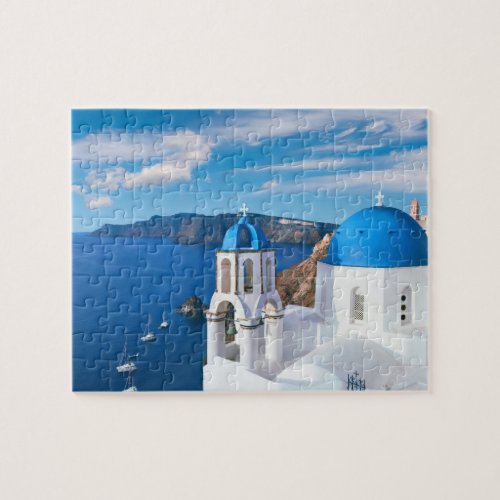 Blue Cupola Church Ocean View Oia Santorini Greece Jigsaw Puzzle