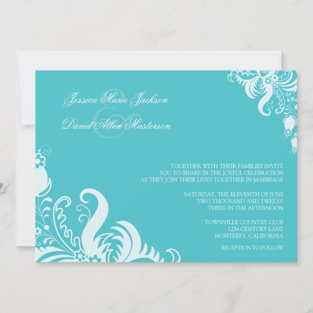 Blue Curacao Floral Accent Wedding Invitation (Front)