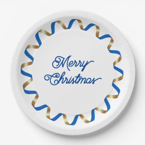 Blue Curly Ribbon Frame Christmas Paper Plate