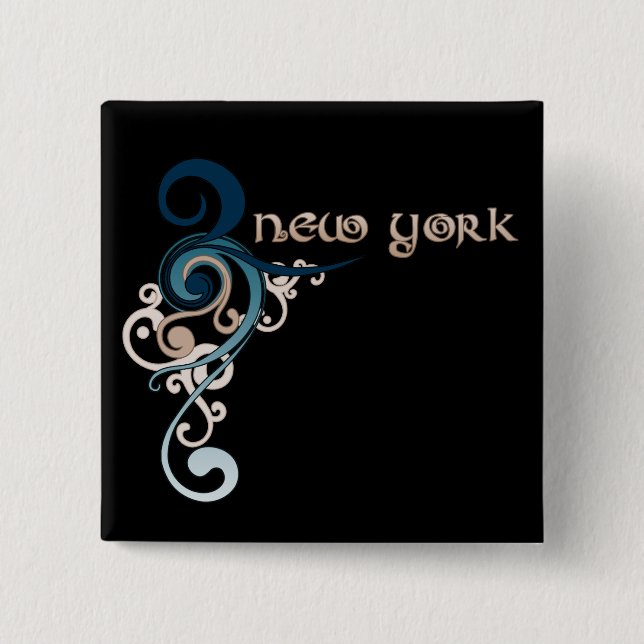 Blue Curly Swirl New York Button Dark (Front)