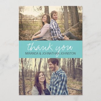 Blue Cursive Photo Wedding Thank You Cards by AllyJCat at Zazzle