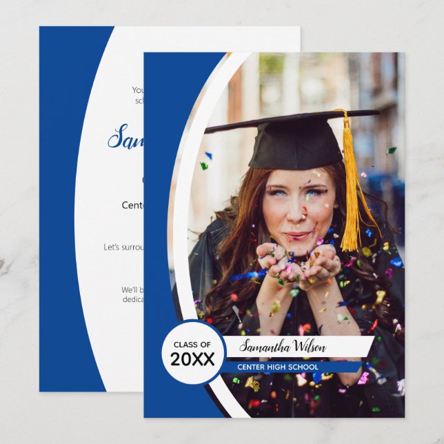 Blue Curved Frame Photo Graduation Invitation (Front/Back)