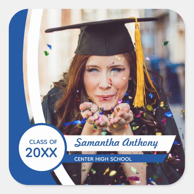 Blue Curved Frame Photo Graduation Square Sticker (Front)