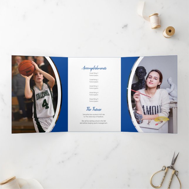 Blue Curved Frame Three Photo Graduation Tri-Fold Invitation (Inside)