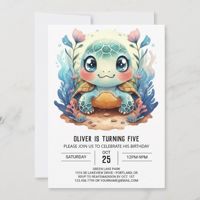 Blue Custom Aquatic Turtle Boy Birthday Invitation (Front)