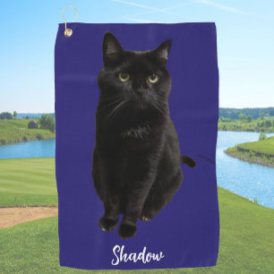 Blue Custom Black Cat Photo and Name Personalized Golf Towel