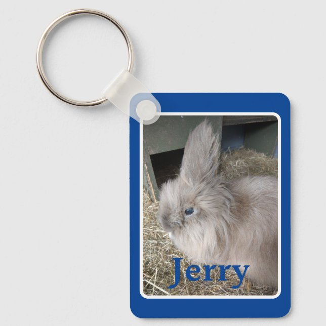 Blue Custom Bunny Photograph and Name Keepsake Keychain (Front)
