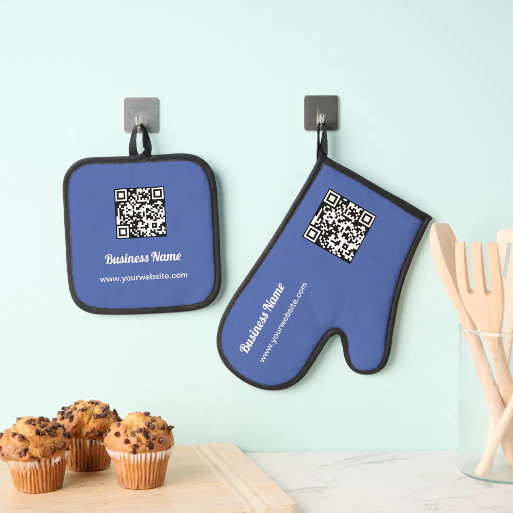 Blue Custom Business Name Barcode QR Code Oven Mitt & Pot Holder Set