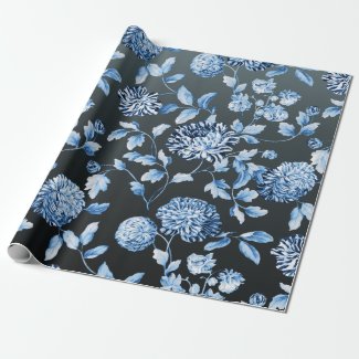 Blue Custom Color Background Large Floral Toile Wrapping Paper