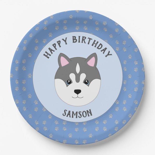 Blue Custom Dog Birthday Paper Plates (Front)