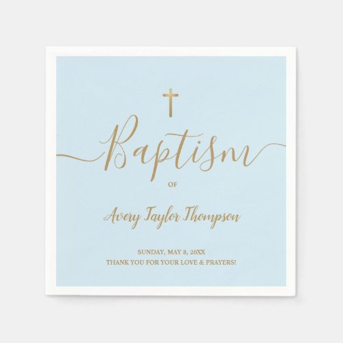 Blue custom Elegant Gold Cross Baptism Script Napkins