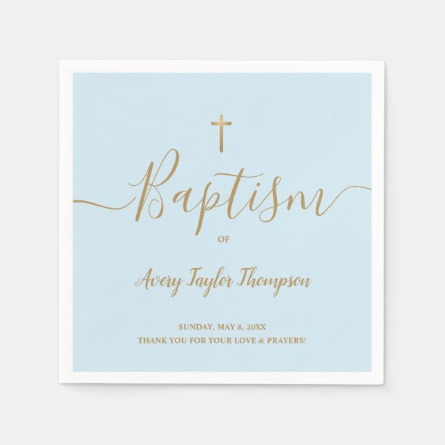 Blue custom Elegant Gold Cross Baptism Script Napkins (Front)
