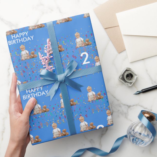 Blue Custom Face Photo Kids 2nd Birthday Party Wrapping Paper (Gifting)