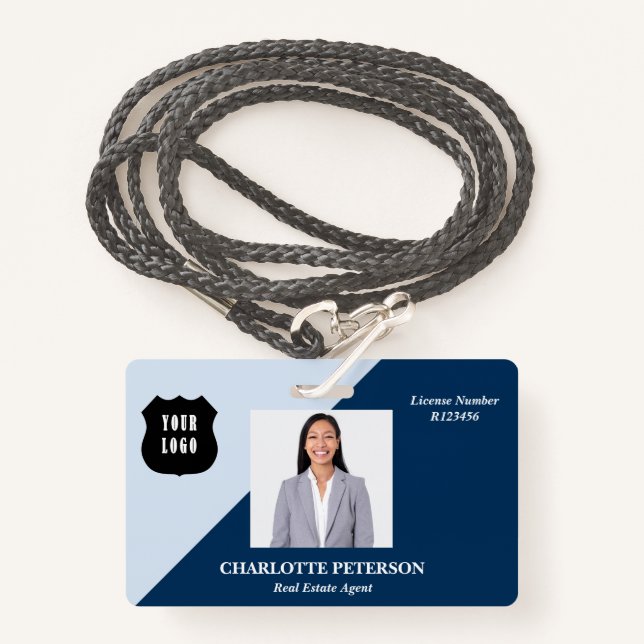 Blue Custom Logo Real Estate Realtor Name Badge (Front with Lanyard)