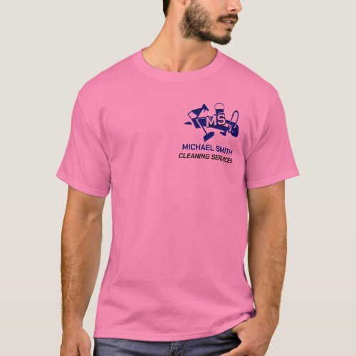 Blue Custom Logo Text Cleaning Services Cute Pink  T_Shirt