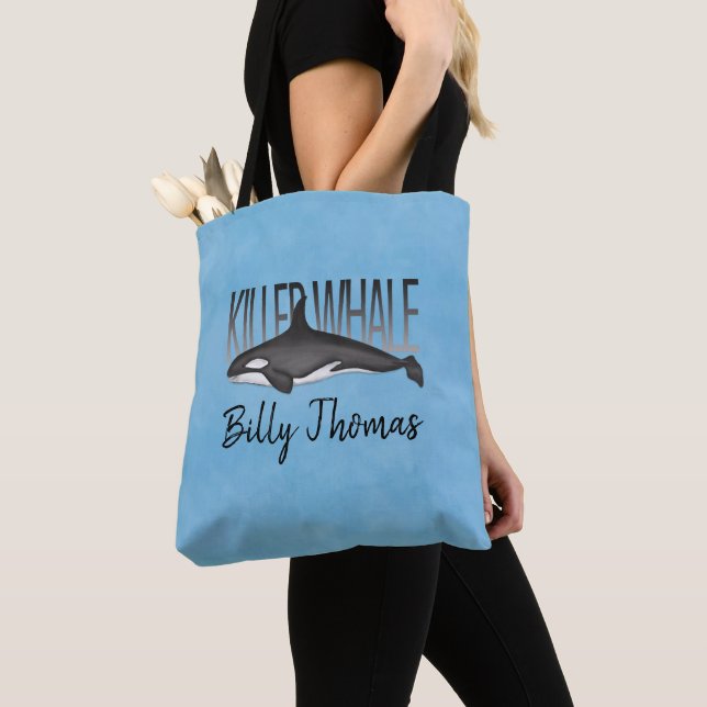 Blue Custom Minimalist Nautical Ocean Orca  Tote Bag (Close Up)