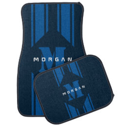 Blue Custom Monogram Racer Stripe Car Floor Mat