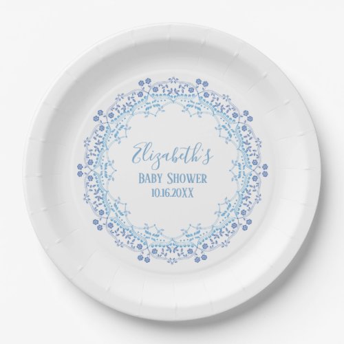 Blue Custom Monogram Simple Floral Elegant Paper Plates