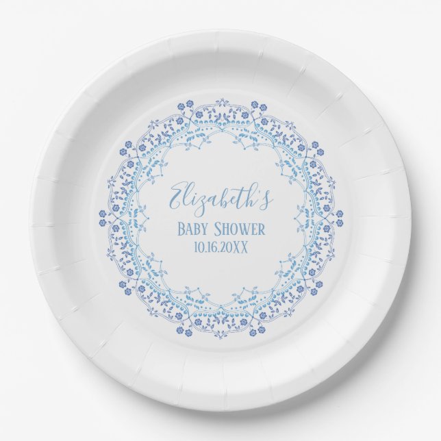 Blue Custom Monogram Simple Floral Elegant Paper Plates (Front)