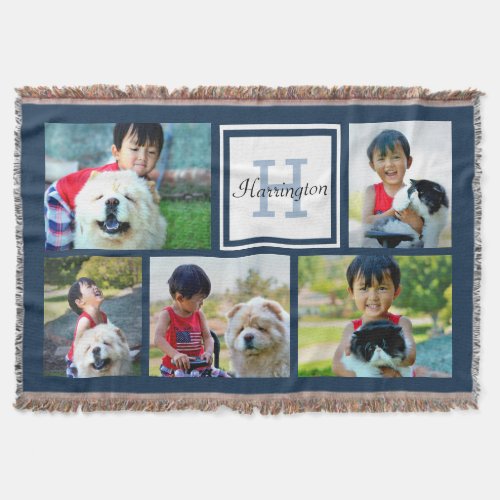 Blue Custom Monogrammed 5 Photo Picture Collage Throw Blanket