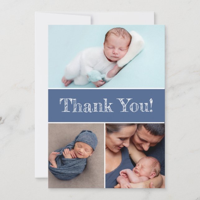 Blue Custom Multiple Photos Baby boy Shower  Thank You Card (Front)