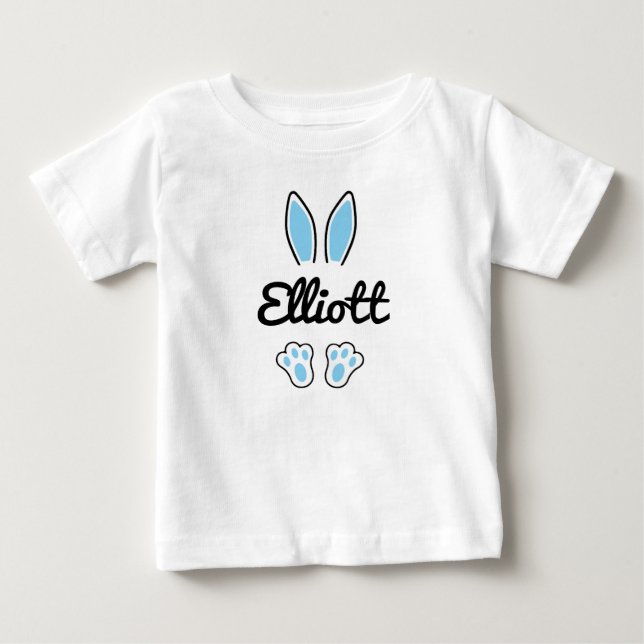 Blue Custom Name Easter Bunny Ears Feet Baby T-Shirt (Front)
