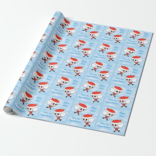 Blue Custom Name Ice Skating Santa Christmas Wrapping Paper