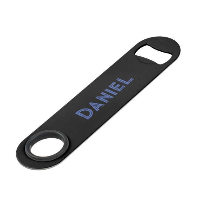 Blue custom name on black bar key (Front Angled)