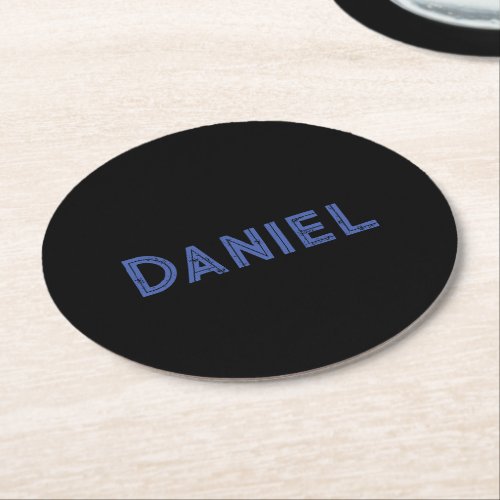 Blue custom name on black round paper coaster