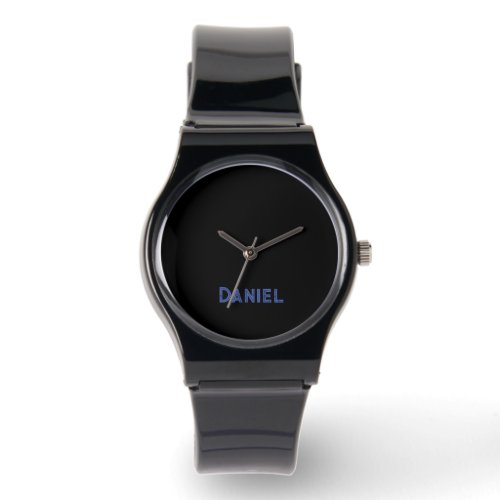 Blue custom name on black watch