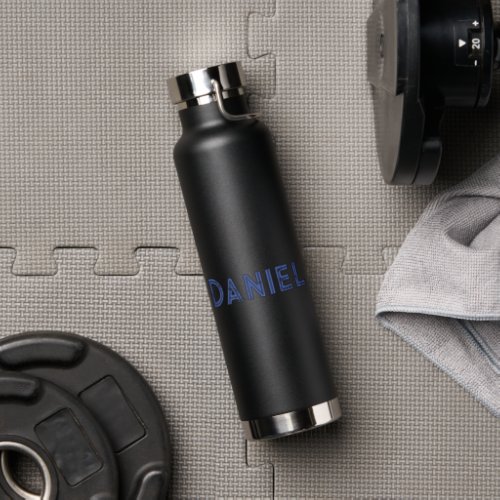 Blue custom name on black water bottle