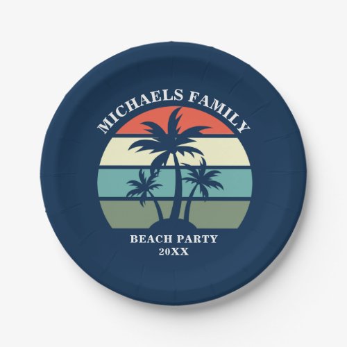 Blue Custom Palm Tree Sunset Tropical Beach Party Paper Plates