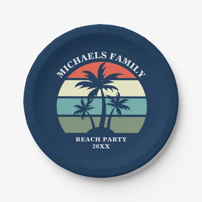 Blue Custom Palm Tree Sunset Tropical Beach Party Paper Plates (Front)