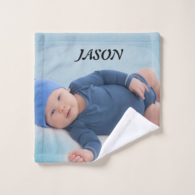 Blue custom personalized baby boy photo wash cloth (Wash Cloth)
